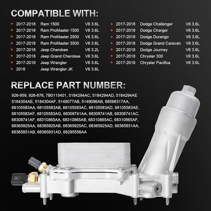 TEMSONE 926-959 Upgrade Full Aluminum Engine Oil Filter Housing Oil Cooler Kit with Gaskets & Sensors Compatible with 2017-2018 Chrysler 200/300 Dodge Charger Avenger Journey Wrangler Ram Promaster 3.2 3.6 V6 - Image 2